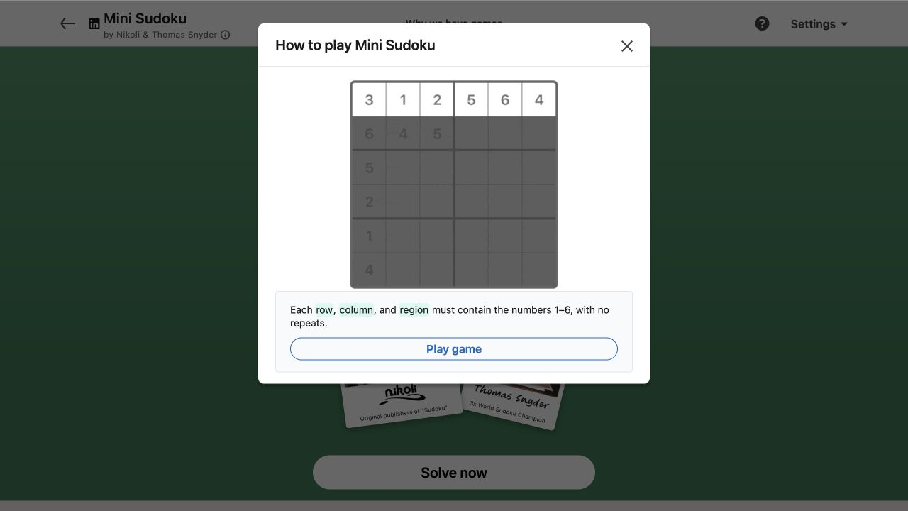 LinkedIn Mini Sudoku official tutorial showing the real game board