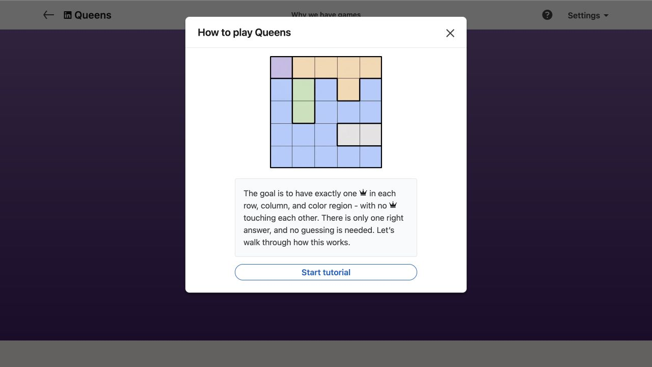 LinkedIn Queens official tutorial showing the real game board