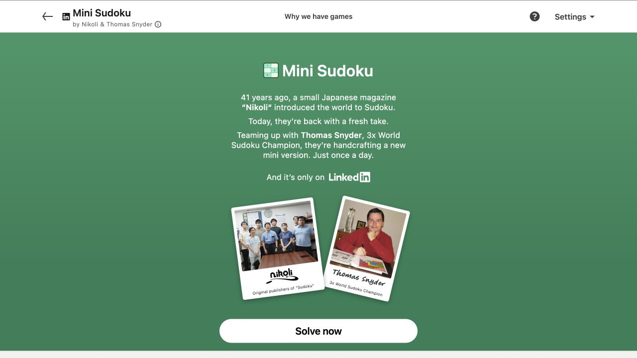 LinkedIn Mini Sudoku official start screen